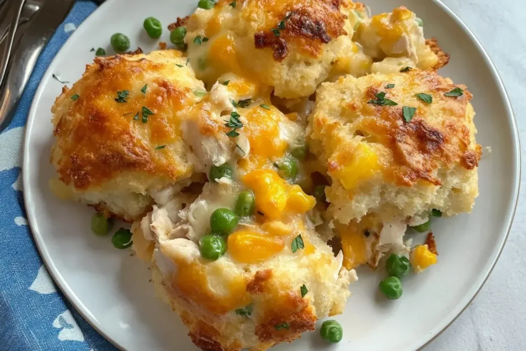 Close-up of Chicken Cobbler Biscuit Dinner with golden biscuits, cheddar cheese, peas, and shredded chicken on a white plate.