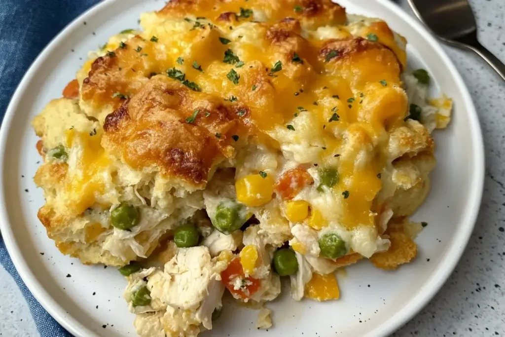 Golden-baked Chicken Cobbler Biscuit Dinner topped with melted cheddar cheese, served on a white plate.