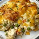Golden-baked Chicken Cobbler Biscuit Dinner topped with melted cheddar cheese, served on a white plate.