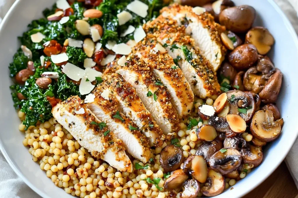 Baked Parmesan Chicken and Couscous with sautéed mushrooms, kale, almonds, and shaved parmesan in a white bowl