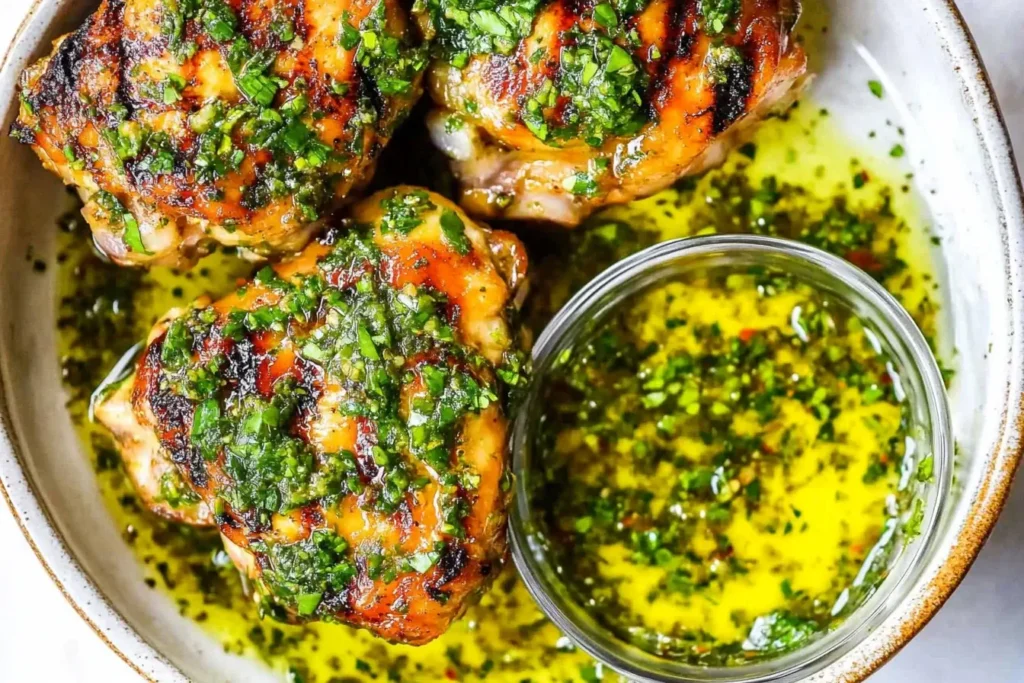 Close-up of grilled Chimichurri Chicken Thighs served in a bowl with extra chimichurri sauce on the side.