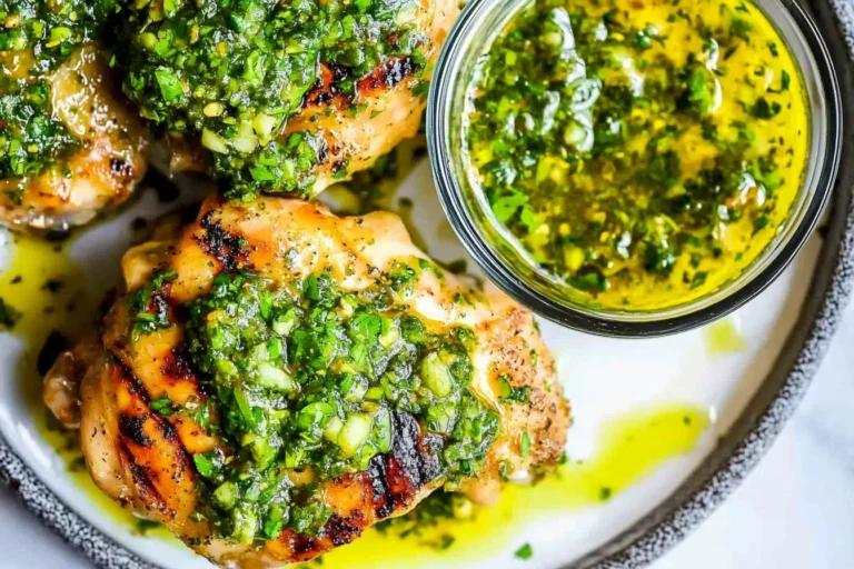 Grilled Chimichurri Chicken Thighs topped with vibrant herb sauce and served with extra chimichurri in a glass bowl.