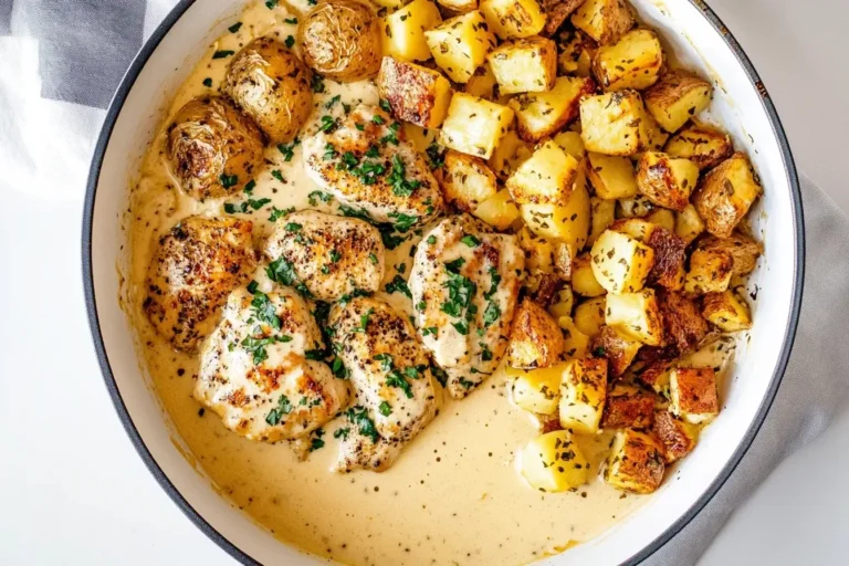 Creamy Dijon Chicken and Potatoes served in a skillet with golden roasted potatoes and a rich, mustard cream sauce.