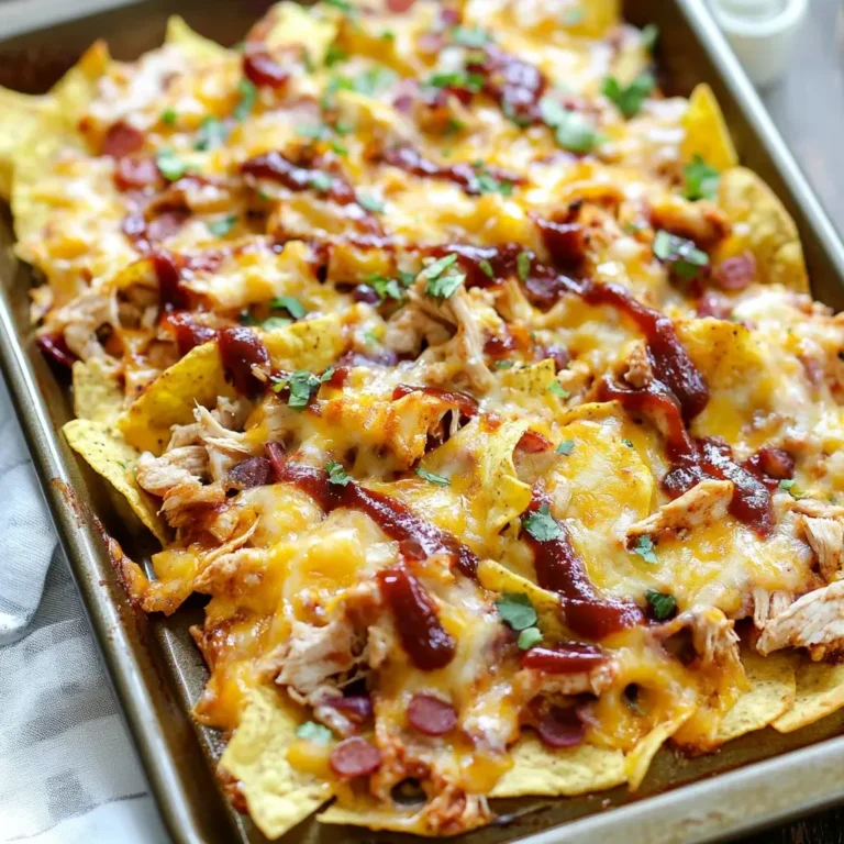 Sheet Pan BBQ Chicken Nachos topped with melted cheese, shredded chicken, BBQ sauce, and fresh cilantro.