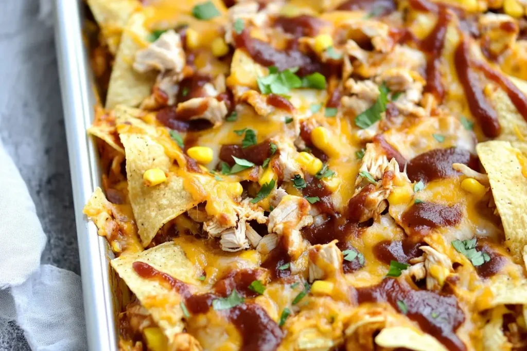 Close-up of Sheet Pan BBQ Chicken Nachos loaded with cheese, shredded chicken, corn, and BBQ sauce.