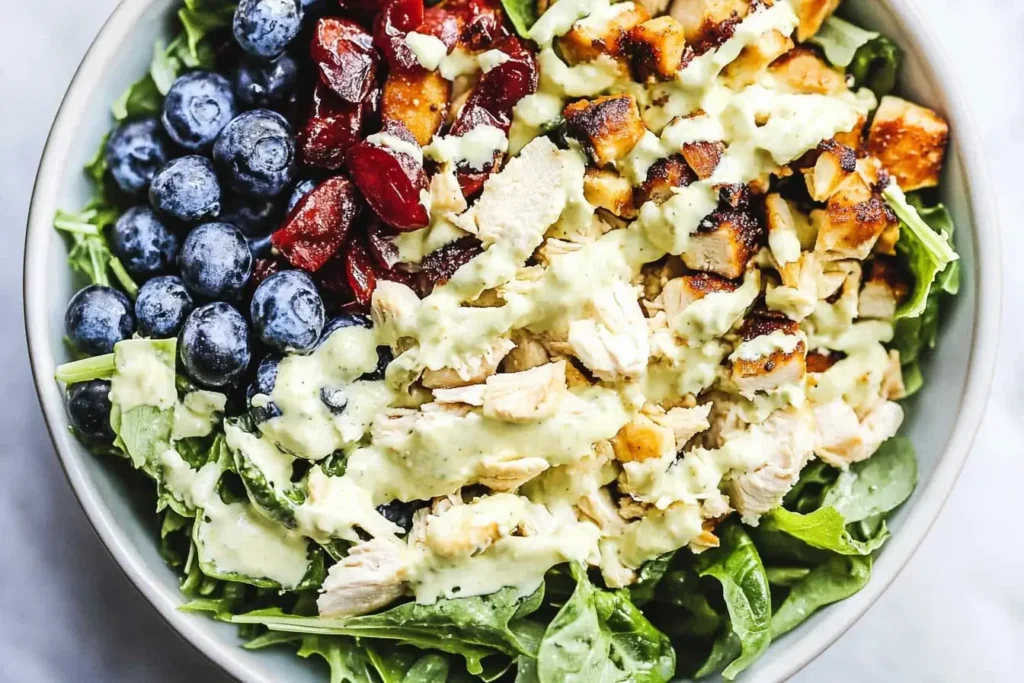 Fresh Honey Mustard Chicken Salad with grilled chicken, blueberries, dried cranberries, and creamy dressing on a bed of greens.