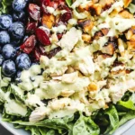 Fresh Honey Mustard Chicken Salad with grilled chicken, blueberries, dried cranberries, and creamy dressing on a bed of greens.