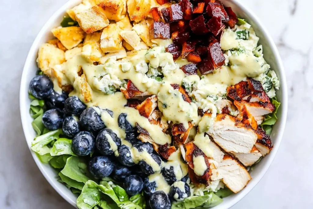 Colorful bowl of Honey Mustard Chicken Salad with blueberries, bacon, grilled chicken, and creamy dressing over fresh greens.