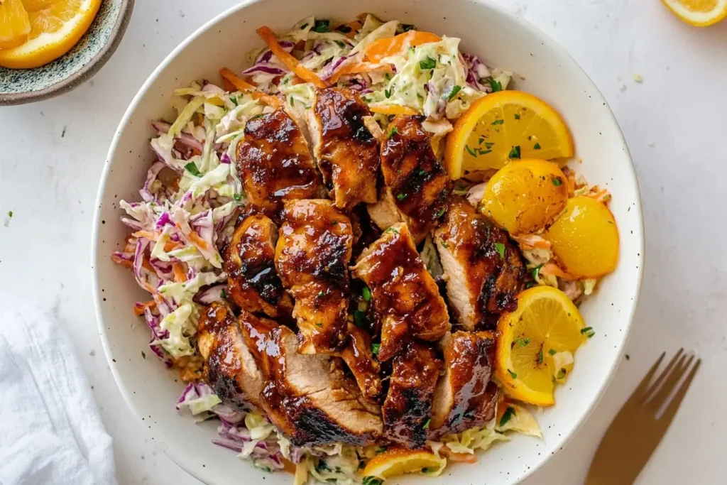Hot honey BBQ chicken thighs served over fresh citrus slaw in a white bowl – a colorful BBQ chicken with citrus slaw dish.
