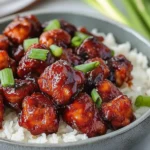 Honey Butter Chicken served over white rice, topped with chopped green onions