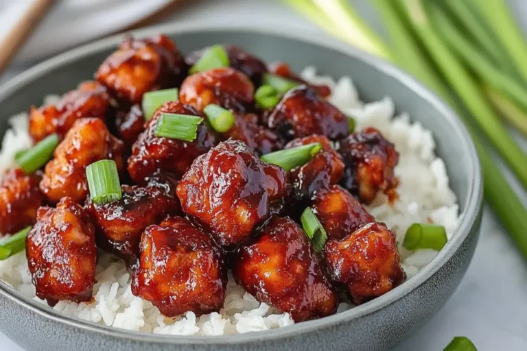 Honey Butter Chicken served over white rice, topped with chopped green onions
