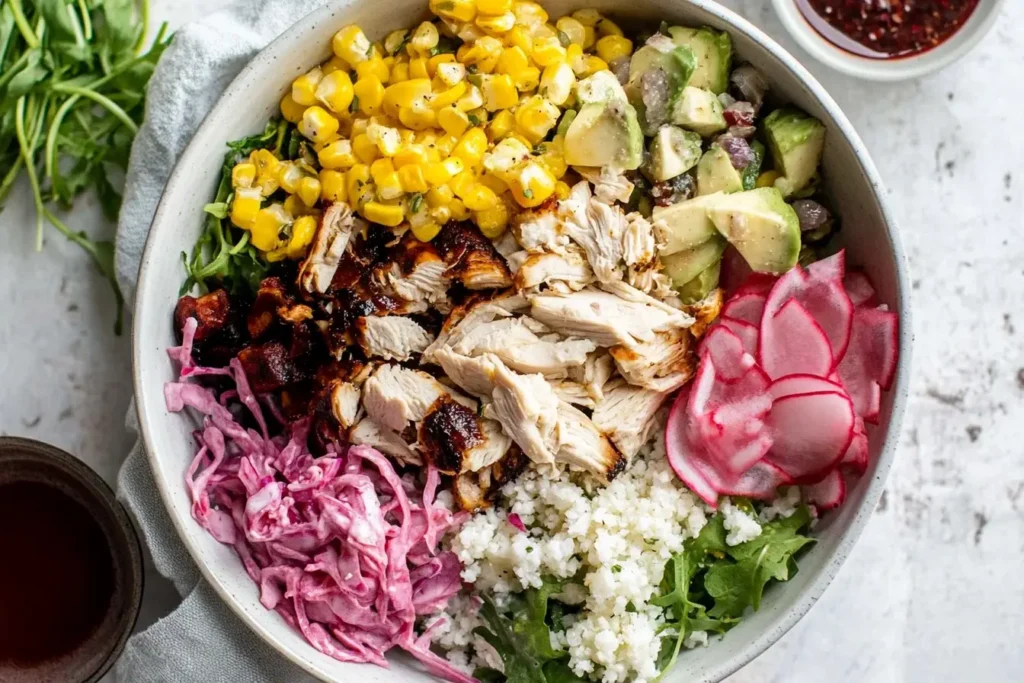 Colorful rotisserie chicken salad bowl with corn, avocado, pickled radish, and shredded chicken on a bed of greens.