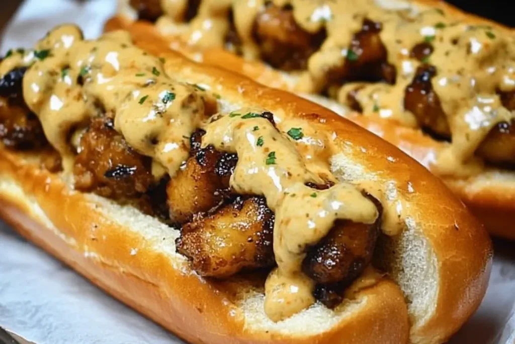 Close-up of South Carolina Bird Dog Sandwiches with grilled chicken tenders and creamy mustard BBQ sauce.