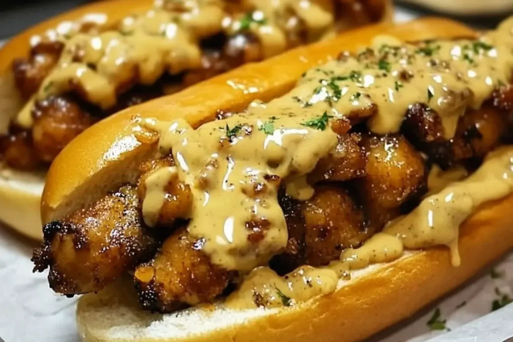 South Carolina Bird Dog Sandwiches topped with creamy mustard BBQ sauce on toasted hoagie rolls.