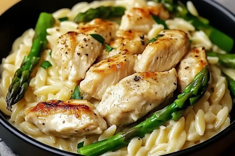 Creamy Parmesan Orzo with Chicken and Asparagus close-up in a black bowl