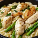 Creamy Parmesan Orzo with Chicken and Asparagus served in a black bowl