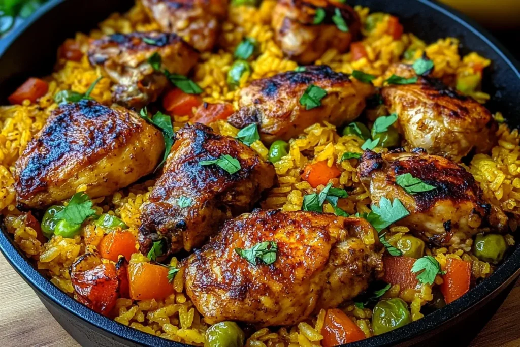 Skillet filled with Caribbean Chicken and Rice featuring golden-brown chicken thighs, seasoned rice, peas, and peppers.