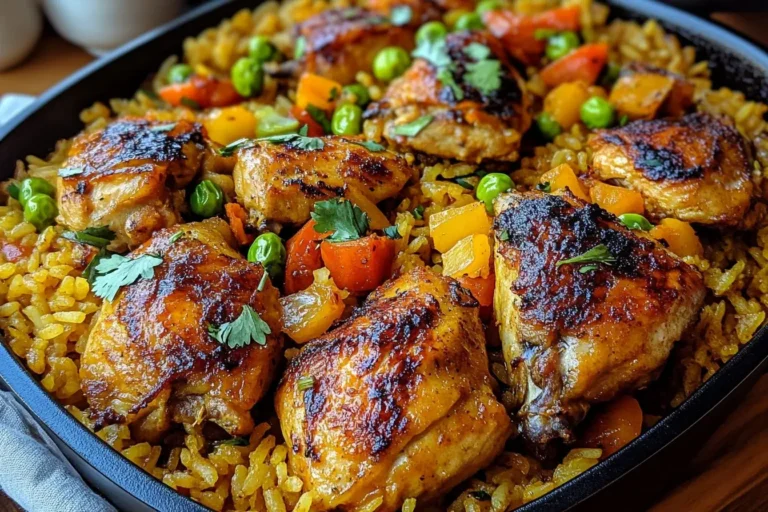 Close-up of flavorful Caribbean Chicken and Rice with golden chicken thighs, colorful bell peppers, and peas in a skillet.