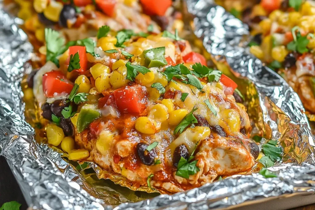 Santa Fe Chicken Foil Packets topped with corn, black beans, peppers, melted cheese, and fresh cilantro