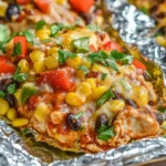 Santa Fe Chicken Foil Packets topped with corn, black beans, peppers, melted cheese, and fresh cilantro
