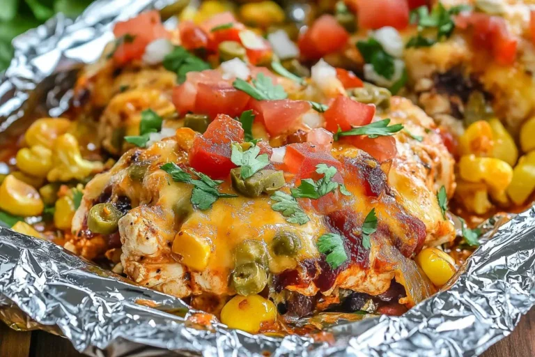 Close-up of Santa Fe Chicken Foil Packets topped with cheese, tomatoes, corn, jalapeños, and fresh cilantro