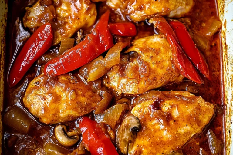 Braised Catalina Chicken with red bell peppers, onions, and mushrooms in a rich, tangy sauce.