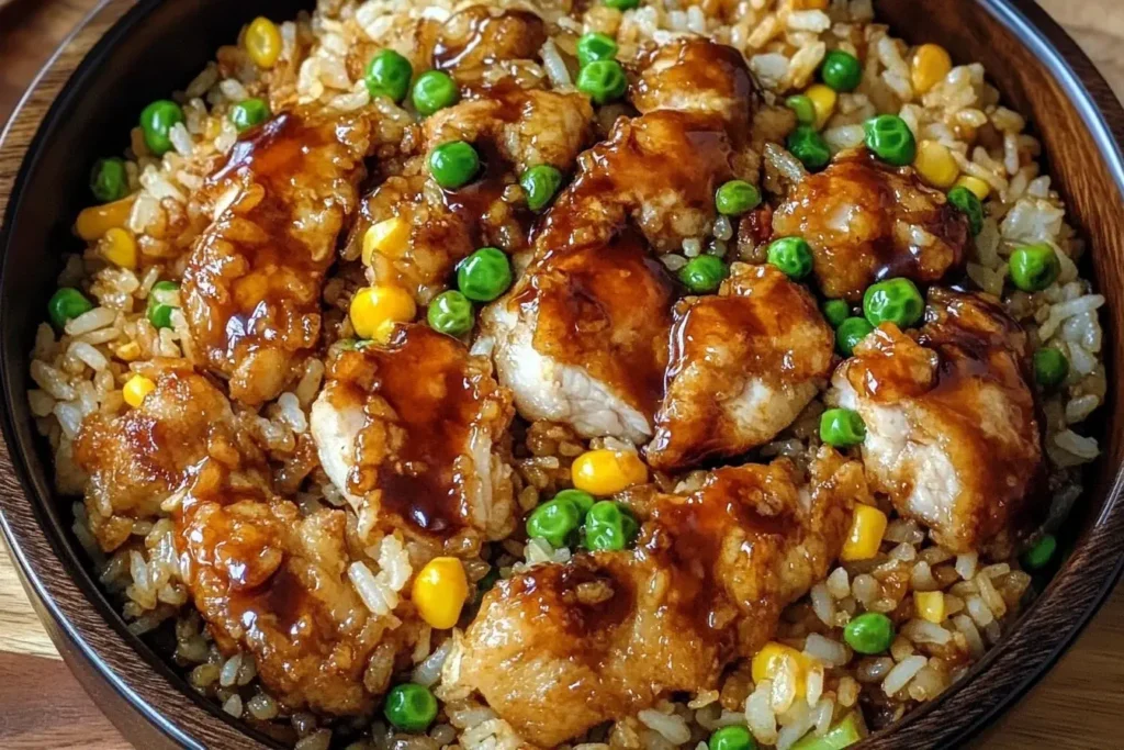 Bang Bang Chicken Fried Rice served in a bowl with golden chicken, peas, corn, and savory sauce.