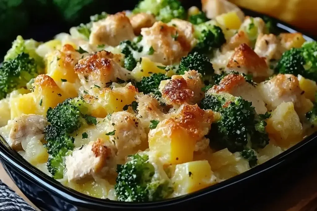 Close-up of Chicken Potato Broccoli Casserole with crispy cheese and fresh herbs