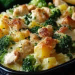 Close-up of Chicken Potato Broccoli Casserole with crispy cheese and fresh herbs