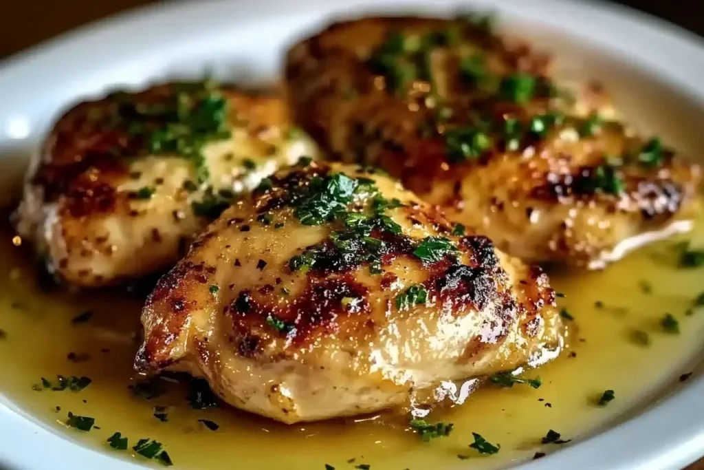 Close-up of Morton’s Steakhouse Chicken Christopher in garlic butter sauce, garnished with parsley.