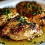Close-up of Morton’s Steakhouse Chicken Christopher in garlic butter sauce, garnished with parsley.