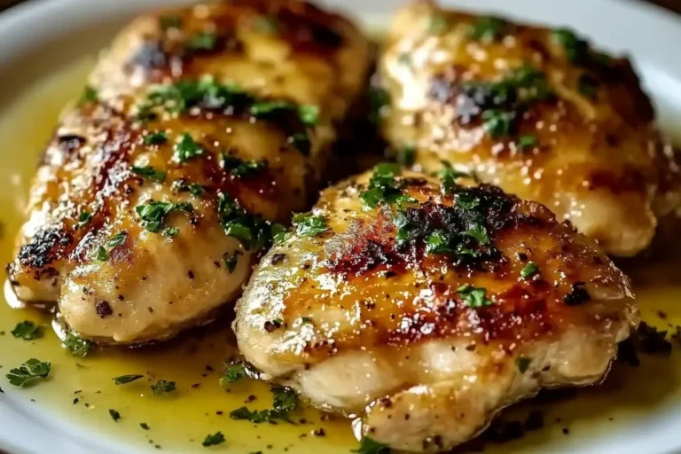 Golden seared chicken breasts with garlic butter sauce and parsley, replicating Morton’s Steakhouse Chicken Christopher at home.