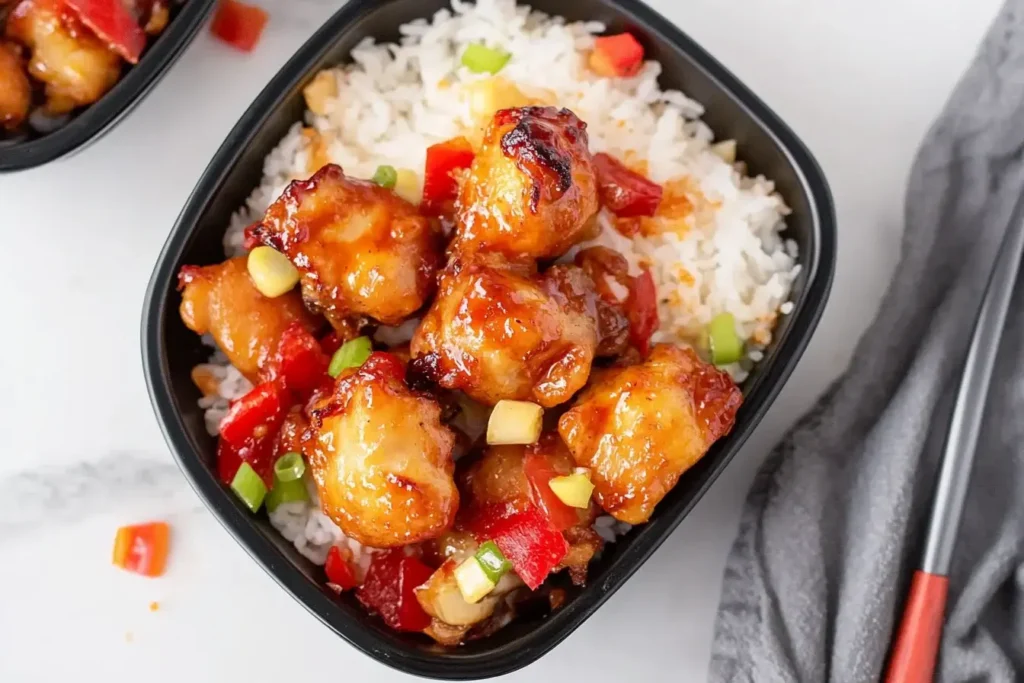 Bowl of Copycat Sweet Fire Chicken with rice, bell peppers, and pineapple chunks.