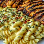 Creamy Garlic Parmesan Chicken with Cheesy Twisted Pasta served with grilled sliced chicken breast
