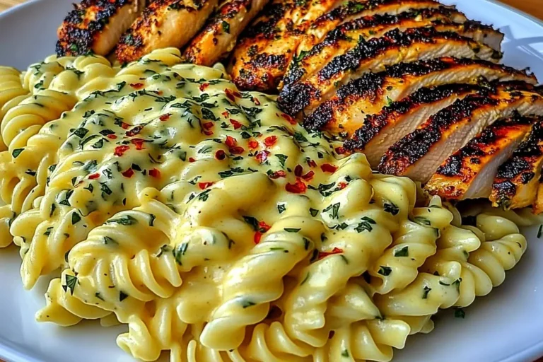 Creamy Garlic Parmesan Chicken with Cheesy Twisted Pasta served with grilled sliced chicken breast