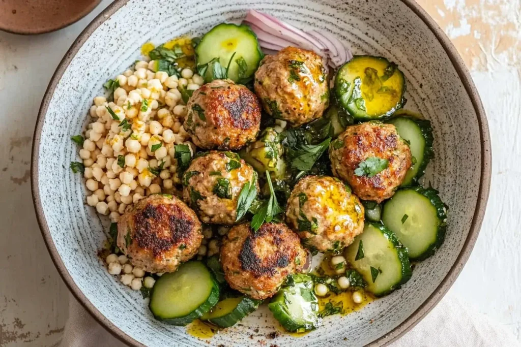 Herby Greek Chicken Meatballs served with giant couscous, cucumber salad, and fresh herbs in a rustic bowl