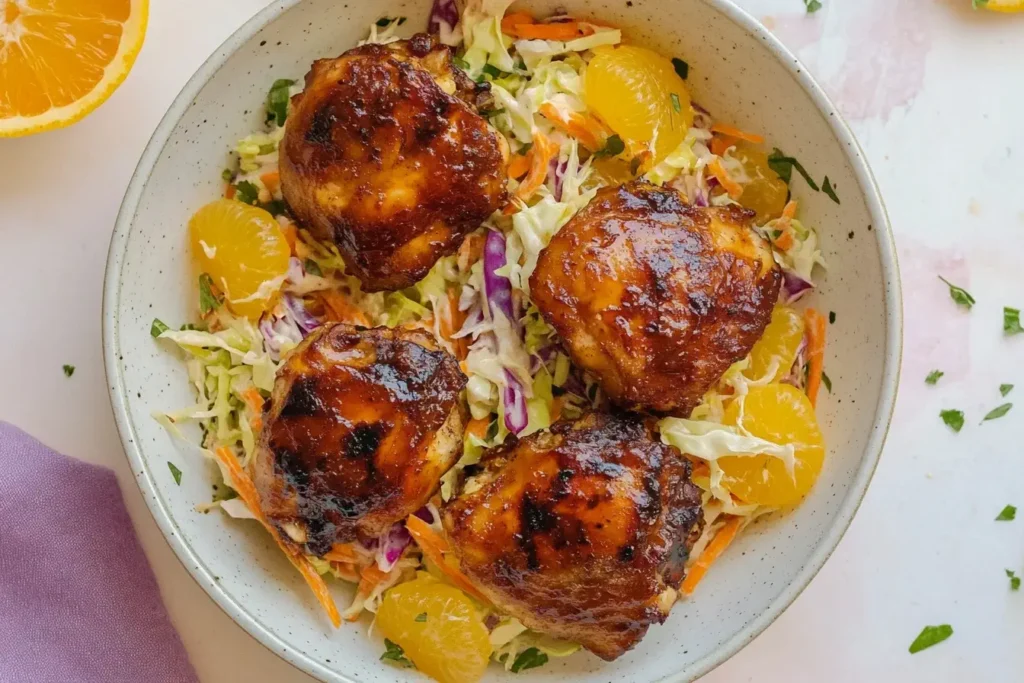 Four glazed BBQ chicken thighs served over citrus slaw with oranges – a vibrant BBQ chicken with citrus slaw presentation.