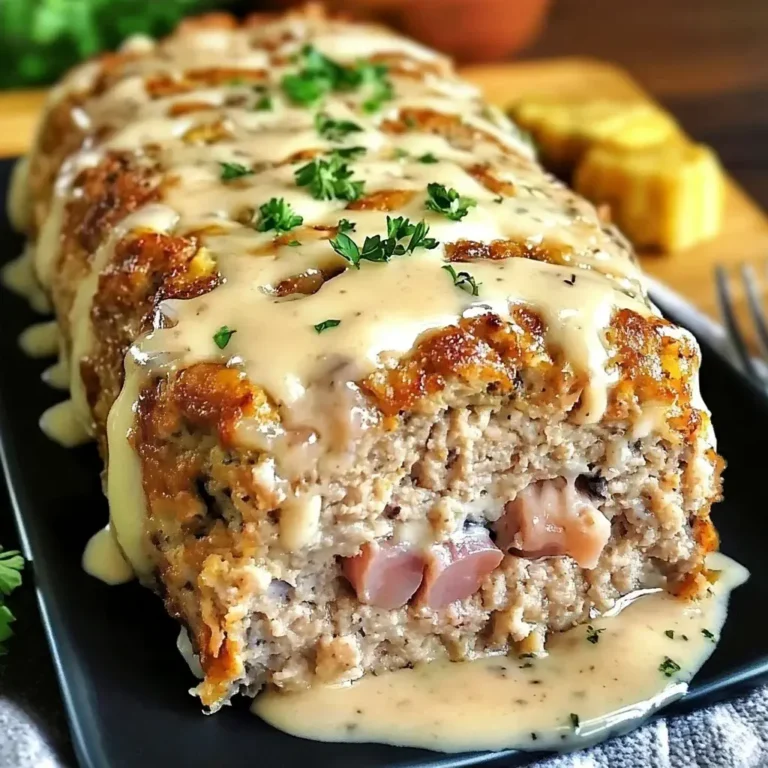 Chicken Cordon Bleu Meatloaf topped with creamy Dijon Parmesan sauce and garnished with parsley