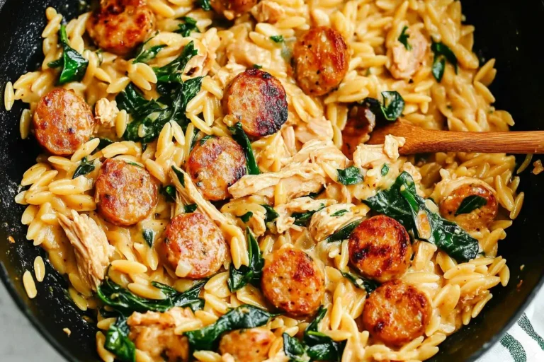Creamy Chicken Sausage Orzo in a skillet with spinach, seared sausage slices, and creamy orzo pasta.