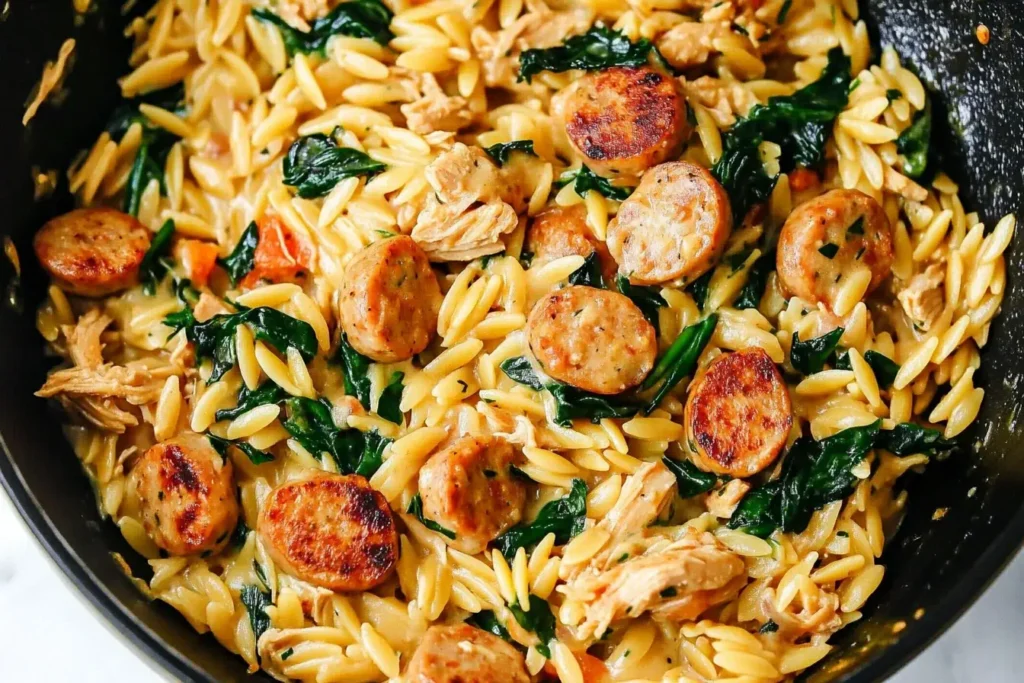 Creamy Chicken Sausage Orzo with spinach and seared sausage slices in a skillet, ready to serve.