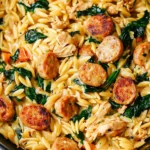Creamy Chicken Sausage Orzo with spinach and seared sausage slices in a skillet, ready to serve.