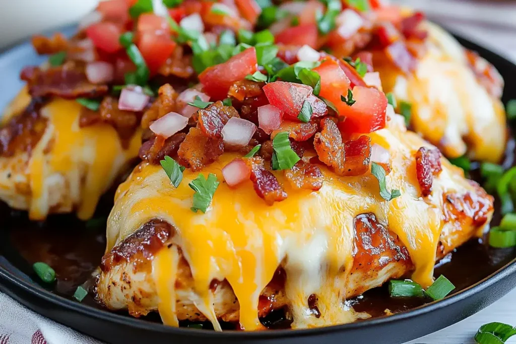 Close-up of Monterey Chicken with melted cheese, bacon, diced tomatoes, and green onions on a skillet