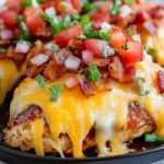 Close-up of Monterey Chicken with melted cheese, bacon, diced tomatoes, and green onions on a skillet