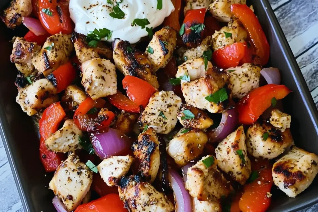 Grilled Blackstone Greek Chicken and Peppers with red onions and bell peppers served with creamy yogurt sauce