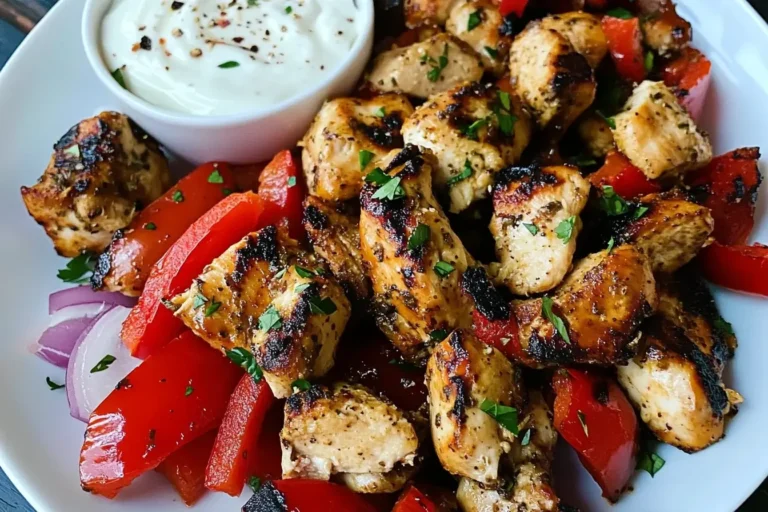 Close-up of Blackstone Greek Chicken and Peppers with creamy yogurt sauce