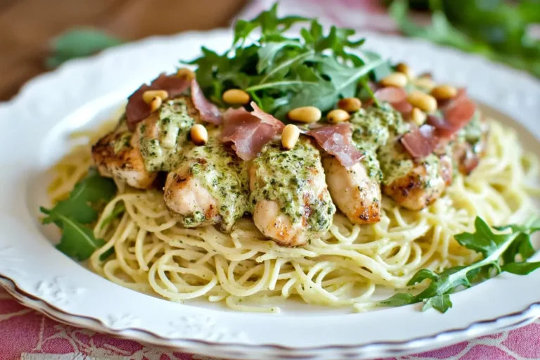 Chicken Bellagio served over linguini pasta, topped with pesto cream sauce, prosciutto, pine nuts, and fresh arugula on a white plate.