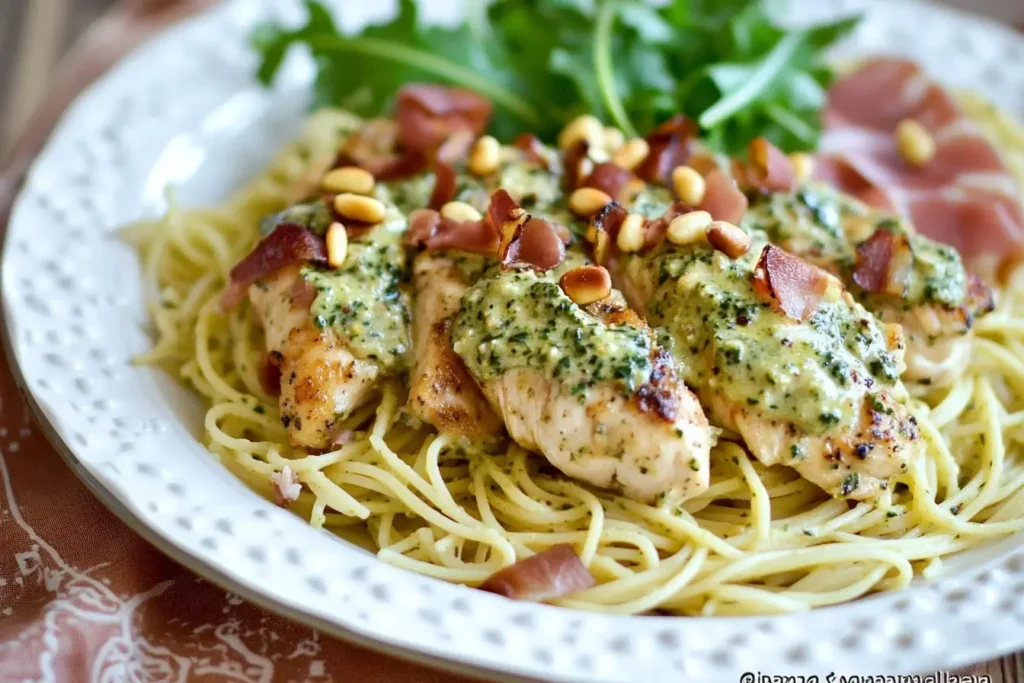 Chicken Bellagio topped with pesto cream sauce, prosciutto, and pine nuts served over linguini with fresh arugula garnish on a white plate.