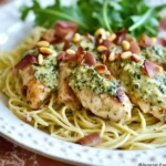 Chicken Bellagio topped with pesto cream sauce, prosciutto, and pine nuts served over linguini with fresh arugula garnish on a white plate.