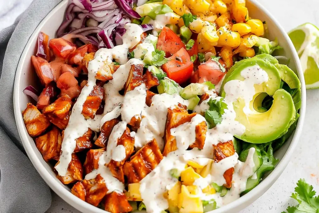 Colorful BBQ Chicken Salad topped with ranch dressing, avocado, corn, and fresh vegetables in a white bowl.