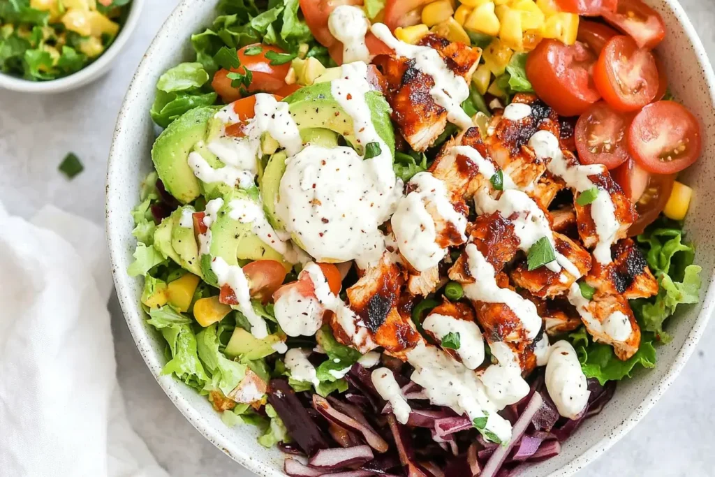 BBQ Chicken Salad with grilled chicken, avocado, cherry tomatoes, and ranch dressing in a white bowl.